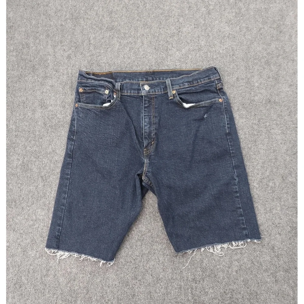 Levis 505 Denim Shorts Jorts Mens 34x9 Blue Bermuda Cut Off Fray Hem Dark tag 36